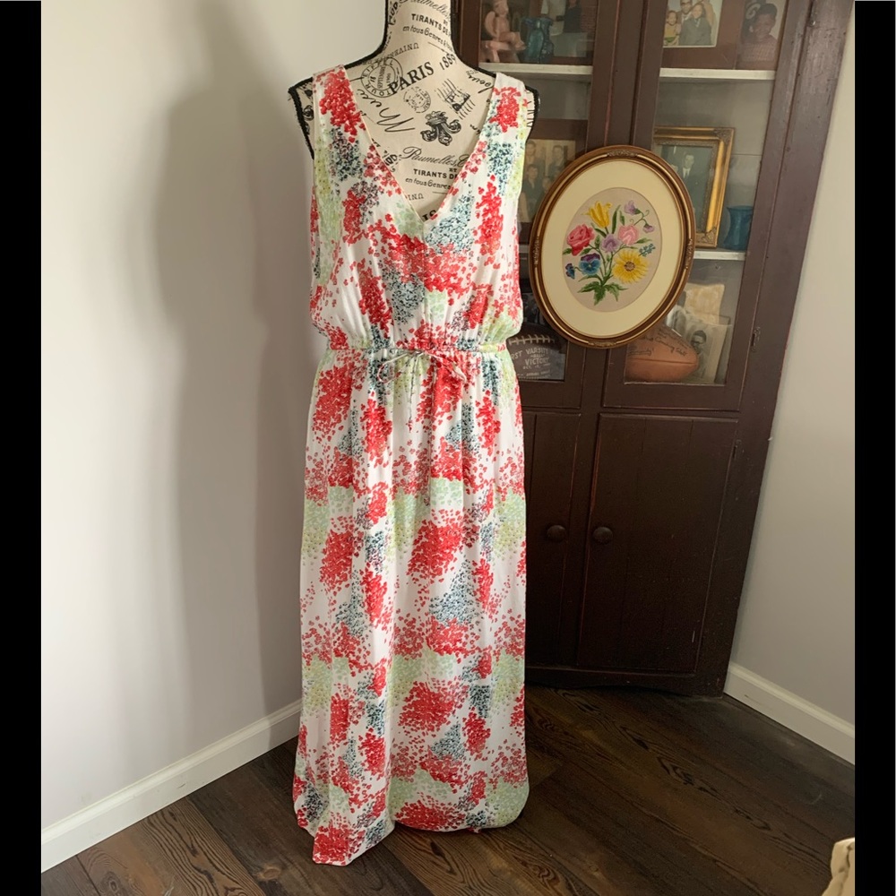Lucky Brand White Maxi Dress with Coral and Mint Floral Print